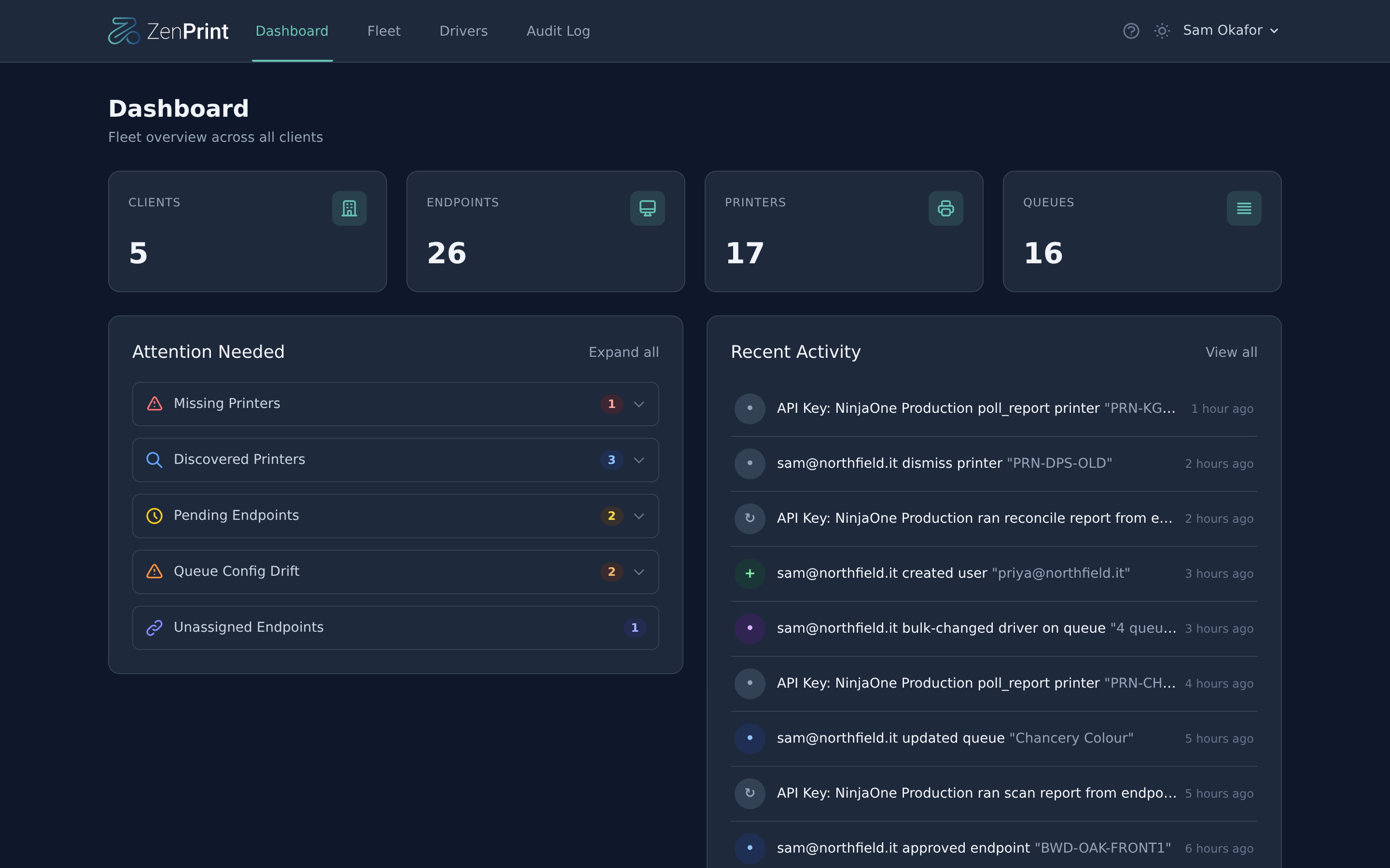 ZenPrint dashboard: counts for clients, endpoints, printers and queues, an attention-needed list, and a recent activity feed