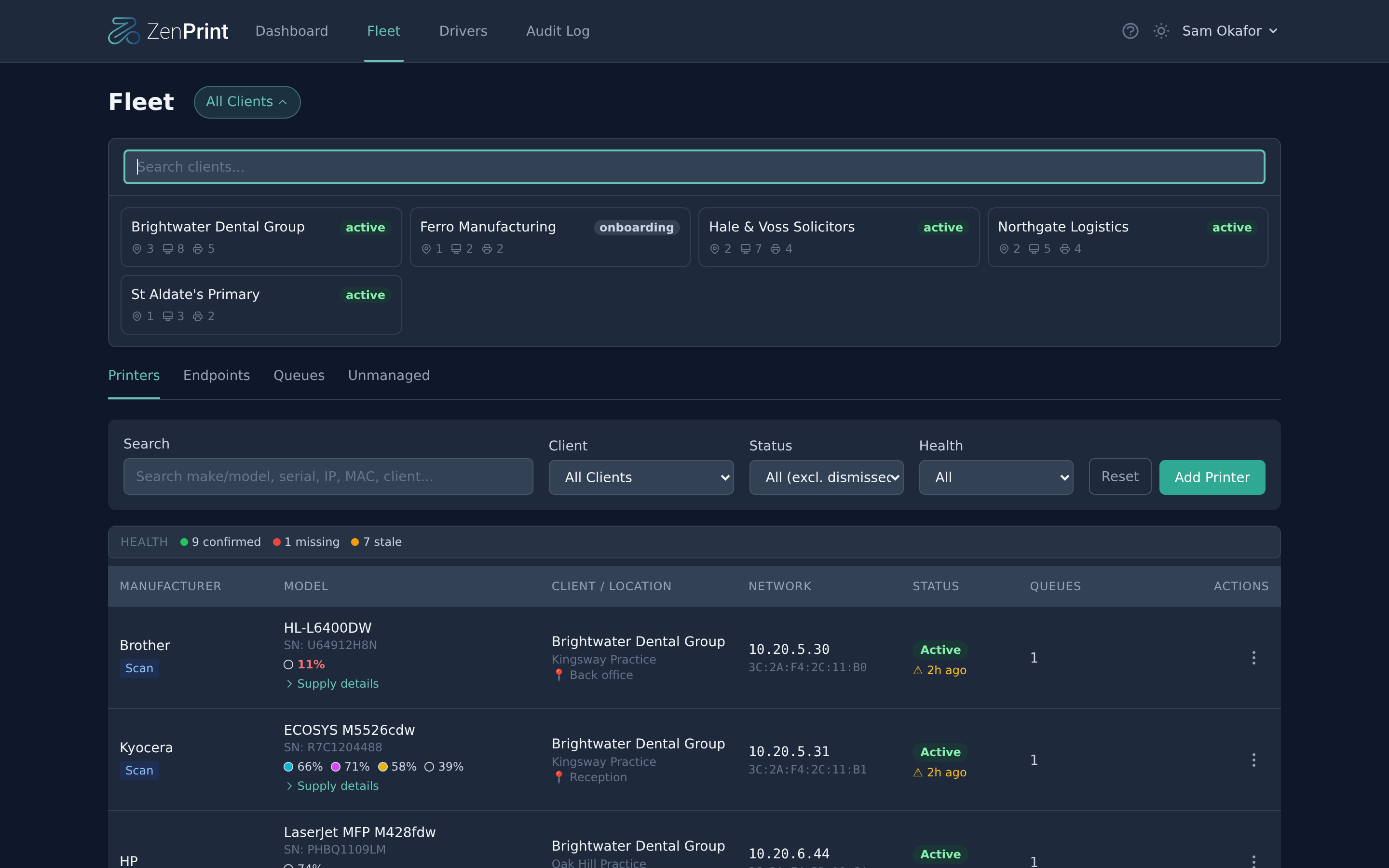 ZenPrint fleet view: five client sites, printer health counts, and live toner levels per device